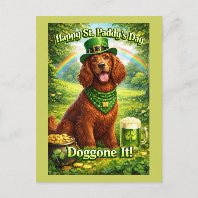 Carte Postale Joyeuse St. Patrick pour ce mignon Setter Irlandai (Devant)