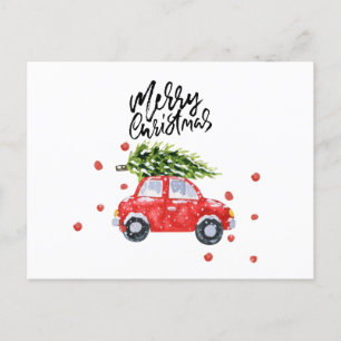 Carte Postale Joyeuse voiture rouge de Noël avec    arbre de Noë