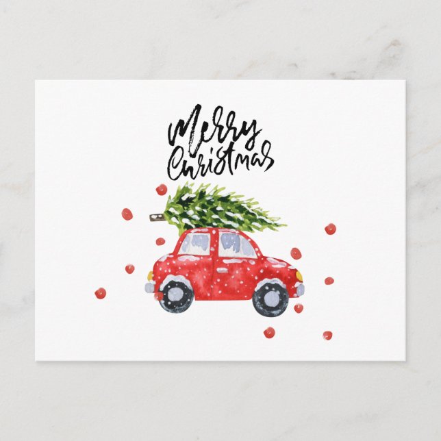 Carte Postale Joyeuse voiture rouge de Noël avec sapin de Noël C (Devant)