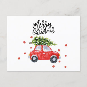 Carte Postale Joyeuse voiture rouge de Noël avec sapin de Noël V