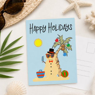Carte Postale Joyeuses Fêtes Bonhomme de Neige Sable Tropical No