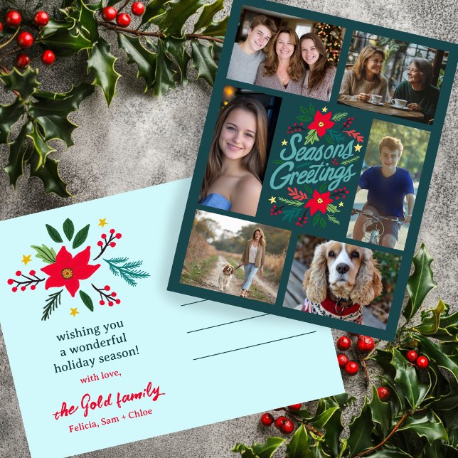 Carte Postale JOYEUSES FÊTES Noël PERSONNALISÉ 6 PHOTOS FÊTE (SEASONS GREETINGS Hand-drawn Christmas CUSTOM 6 PHOTO Family Collage Holiday Postcard
)