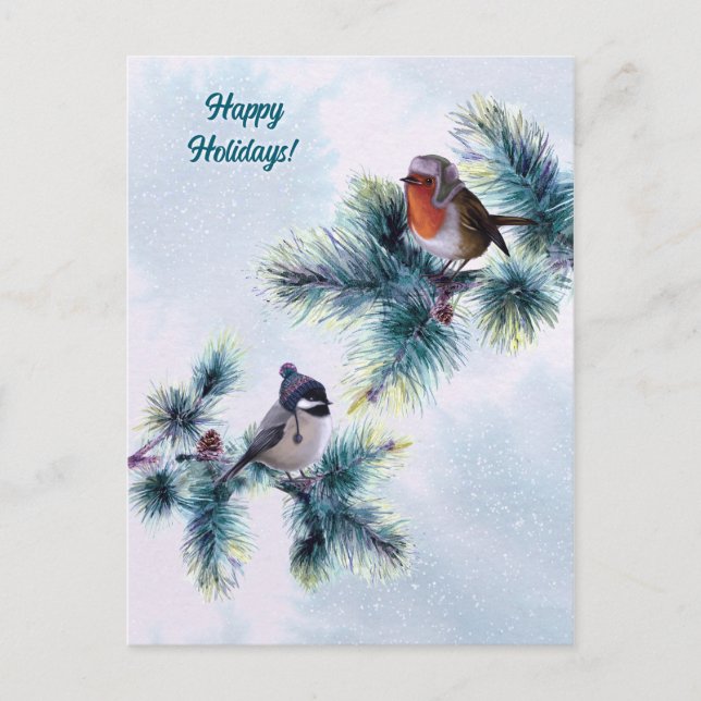 Carte Postale Joyeuses fêtes Oiseaux d'hiver Noël (Devant)