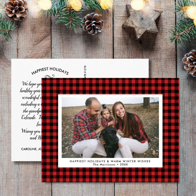 Carte Postale Joyeuses Fêtes Photo Amusants Buffalo Check Plaid (Créateur téléchargé)