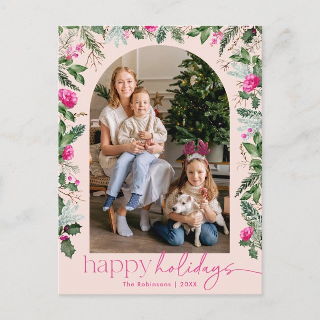 Carte Postale Joyeuses fêtes Pink Pright Greenery Arch Photo (Devant)