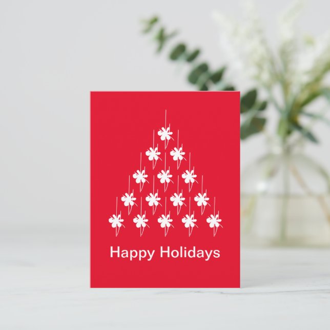 Carte Postale Joyeuses fêtes rouge blanc neige Stars Arbre (Debout devant)
