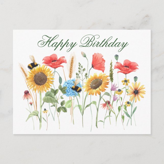 Carte Postale Joyeuses fleurs d'aquarelle d'anniversaire (Devant)