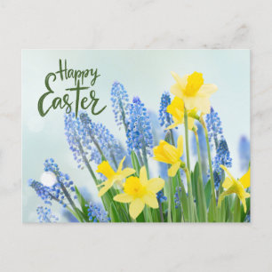 Carte Postale Joyeuses jonquilles de Pâques et fleurs bleues