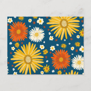 Carte Postale Joyeuses marguerites colorées Motif de fleurs Bleu
