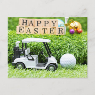 Carte Postale Joyeuses Pâques avec chariot de golf et balle sur 