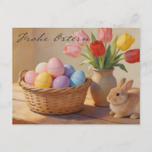 Carte Postale Joyeuses Pâques avec des œufs colorés et des tulip