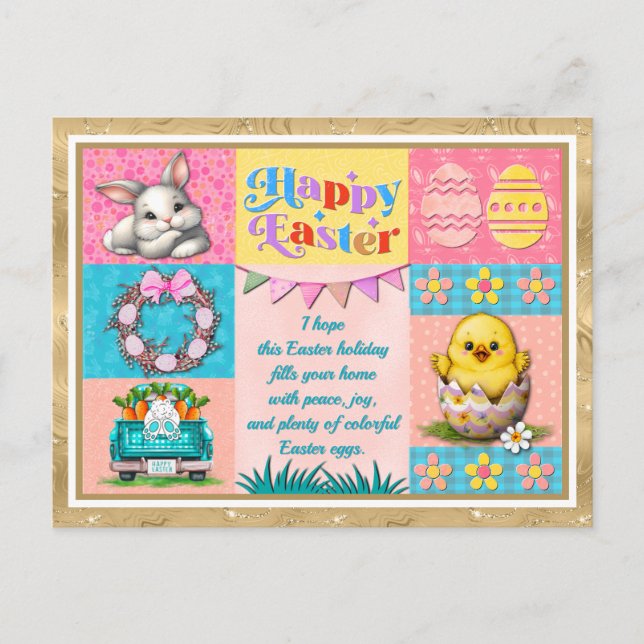 Carte Postale Joyeuses Pâques avec Lapin, Poussin, Œufs & Fleurs (Devant)