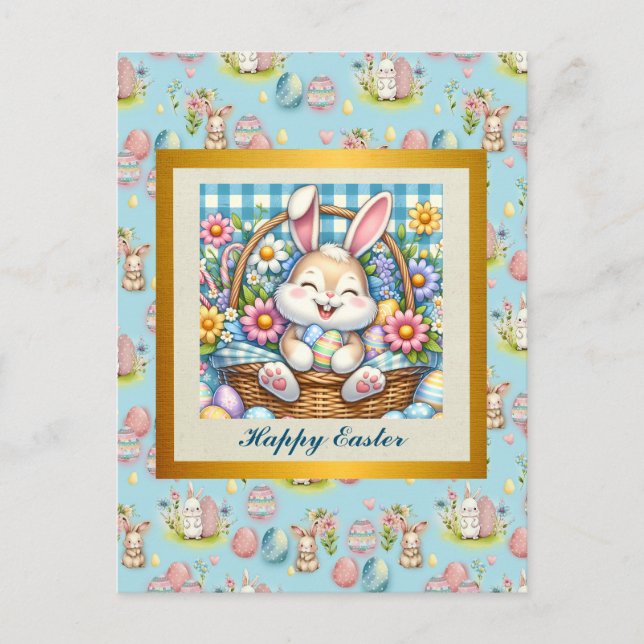 Carte Postale Joyeuses Pâques avec un lapin mignon, des œufs et  (Devant)