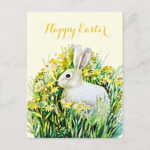 Carte Postale Joyeuses Pâques lapin blanc aquarelle