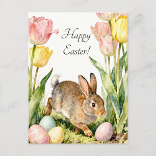 Carte Postale Joyeuses Pâques Lapin Vintage Œufs & Fleurs de Pri