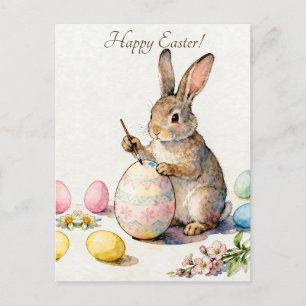 Carte Postale Joyeuses Pâques Lapin Vintage Peignant un Œuf