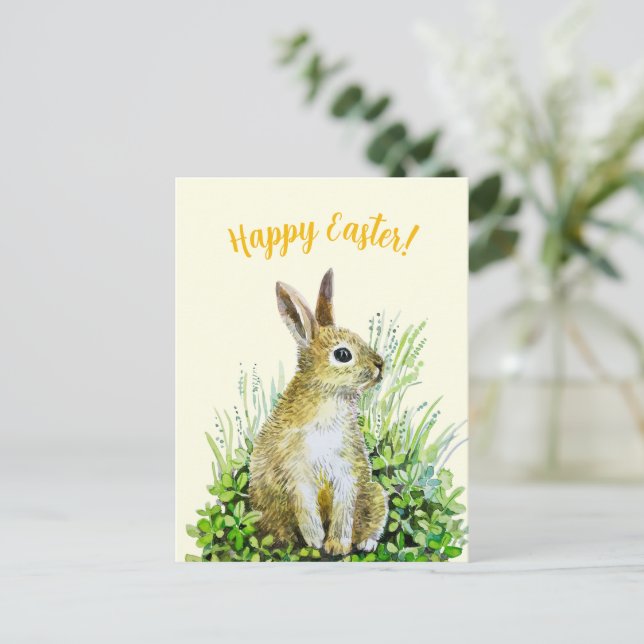 Carte Postale Joyeuses Pâques petit lapin aquarelle  (Debout devant)