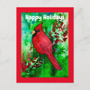 Carte Postale Joyeuses vacances Red Cardinal Bird Green Forest