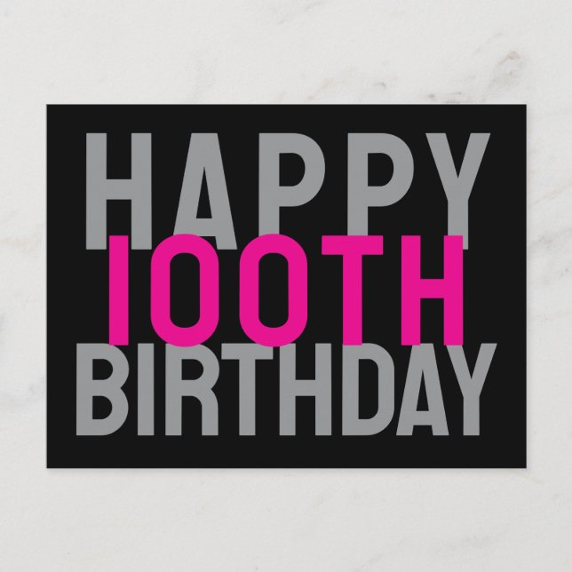 Carte Postale Joyeux 100e Anniversaire Rose Gris Noir Moderne Gr (Devant)