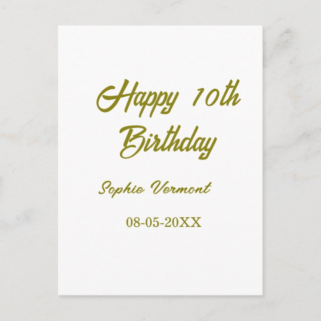 Carte Postale Joyeux 10e anniversaire nom date or simple minima (Devant)