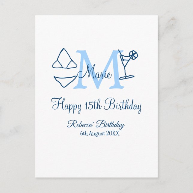 Carte Postale Joyeux 15e Anniversaire bleu ajouter un nom monogr (Devant)