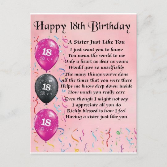 Carte Postale Joyeux 18e Anniversaire Poeme Soeur Zazzle Fr