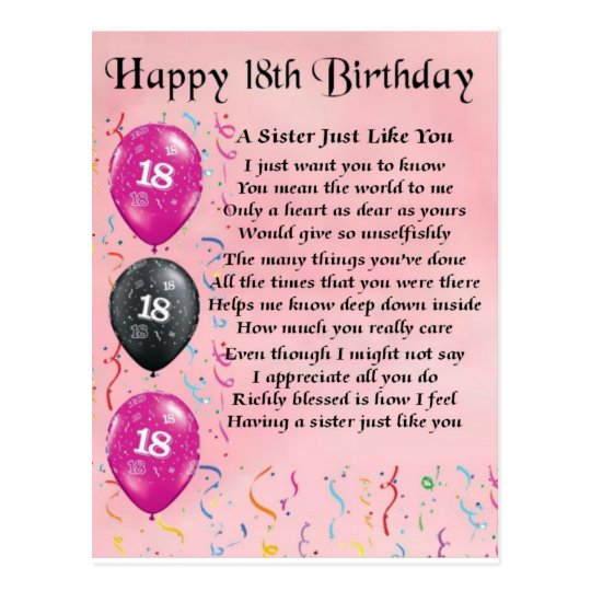 Carte postale joyeux 18 me anniversaire po me de soeur zazzle fr