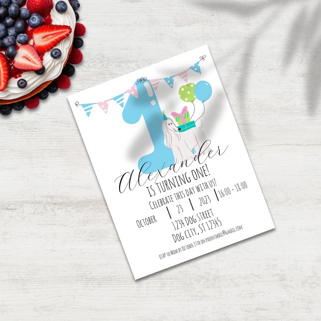 Carte Postale Joyeux 1er anniversaire au chien mignon : une célé (Créateur téléchargé)