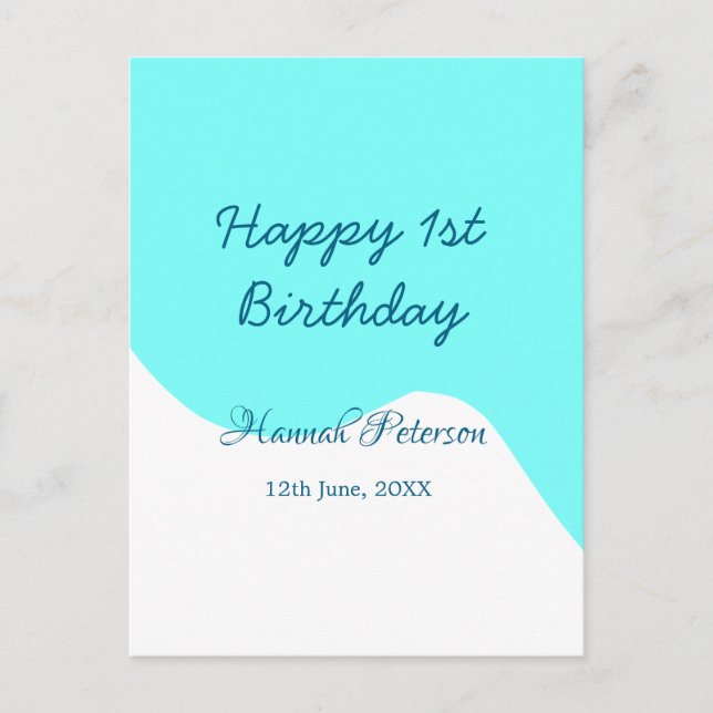 Carte Postale Joyeux 1er anniversaire bleu ondulé rétro boho nom (Devant)