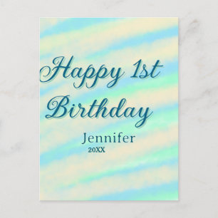 Carte Postale Joyeux 1er anniversaire enfants bébé bleu vert pas