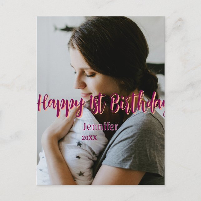 Carte Postale Joyeux 1er anniversaire enfants bébé mère rouge or (Devant)