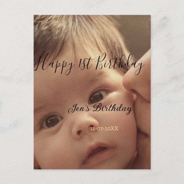 Carte Postale Joyeux 1er anniversaire nom photo date calligr sty (Devant)