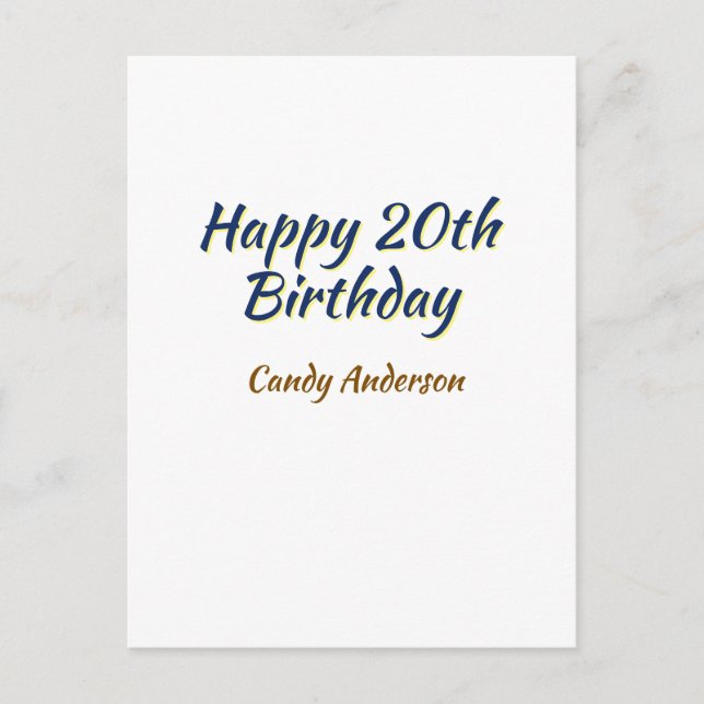 Carte Postale joyeux 20e anniversaire bleu jaune simple minimal  (Devant)