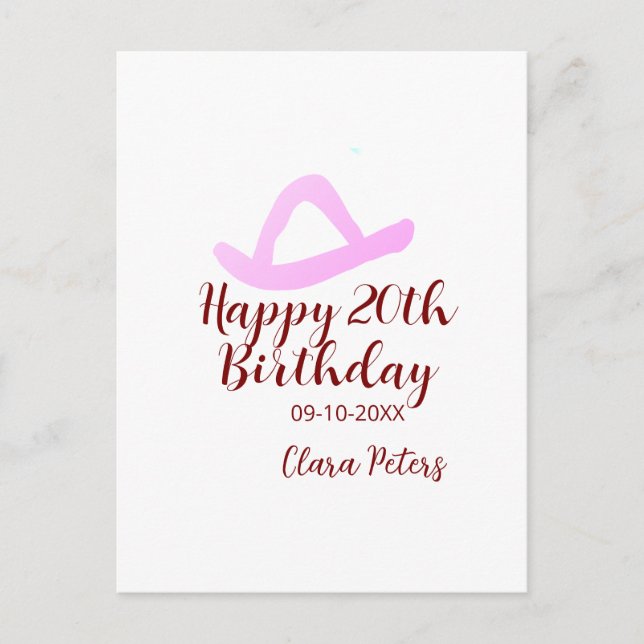 Carte Postale Joyeux 20e anniversaire fille cowboy rose nom date (Devant)