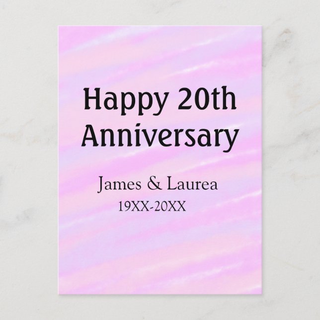 Carte Postale Joyeux 20e anniversaire rose pastel nom violet (Devant)