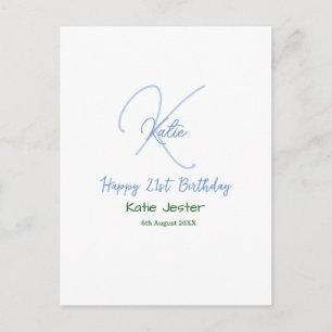 Carte Postale Joyeux 21e anniversaire bleu ajouter un monogramme
