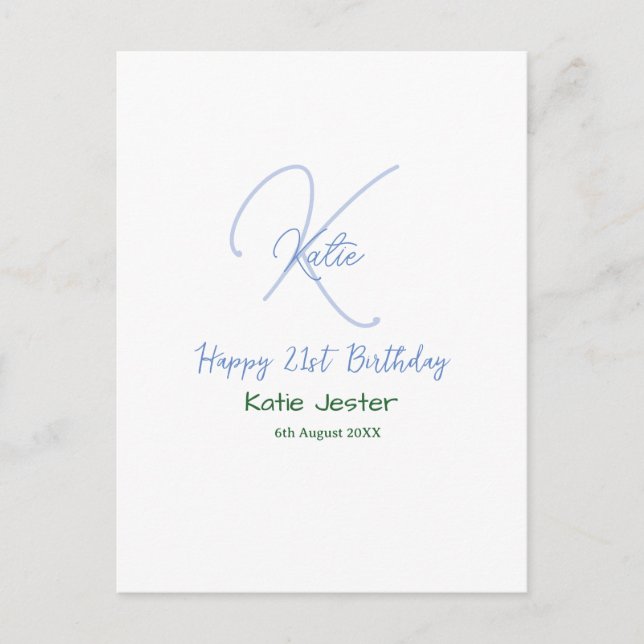 Carte Postale Joyeux 21e anniversaire bleu ajouter un monogramme (Devant)