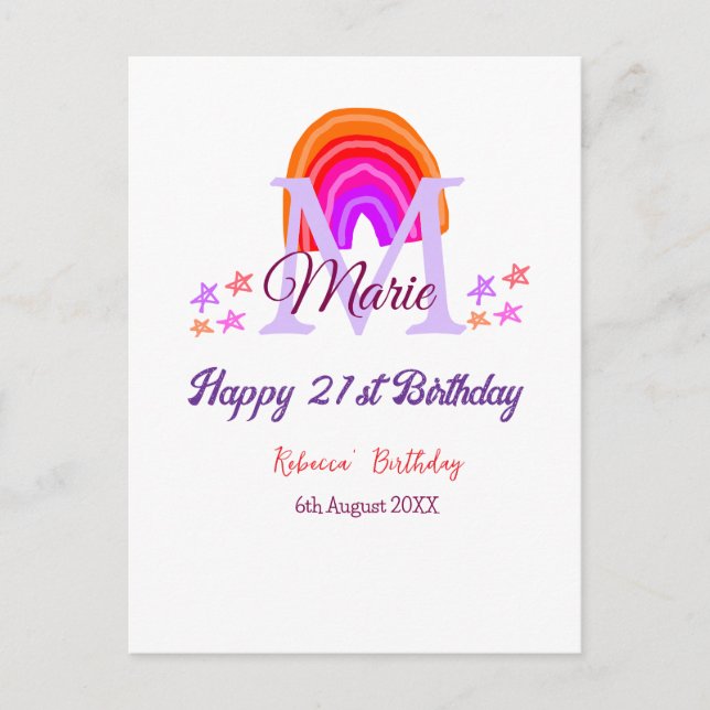Carte Postale Joyeux 21e anniversaire rose ajouter nom monogramm (Devant)