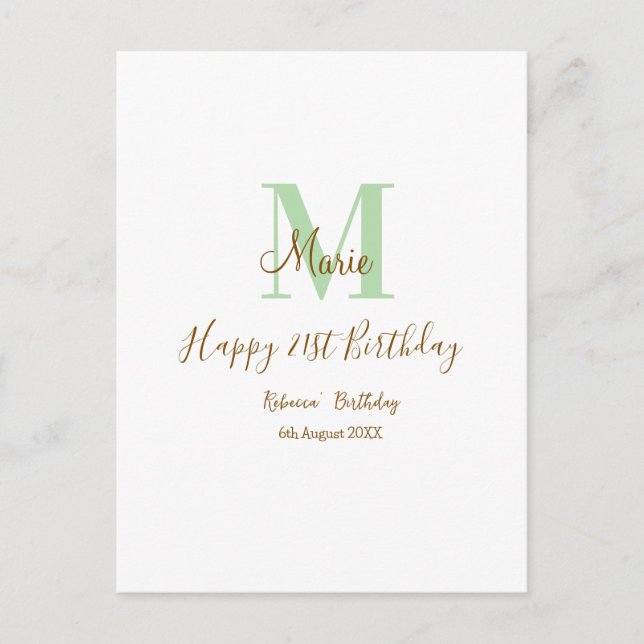 Carte Postale Joyeux 21e Anniversaire vert ajouter nom monogramm (Devant)
