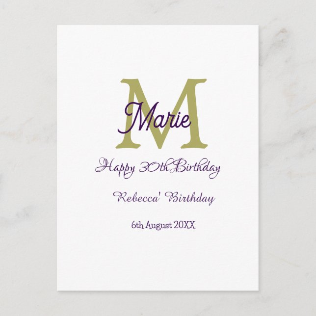 Carte Postale Joyeux 30e Anniversaire monogramme moderne nom gol (Devant)