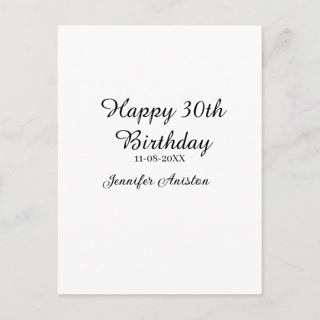 Carte Postale Joyeux 30e anniversaire nom date élégant simple  (Devant)