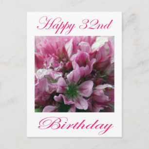 Carte Postale Joyeux 32e anniversaire rose et vert Fleur