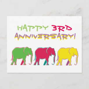 Carte Postale Joyeux 3e Anniversaire Éléphants Silhouette Néon