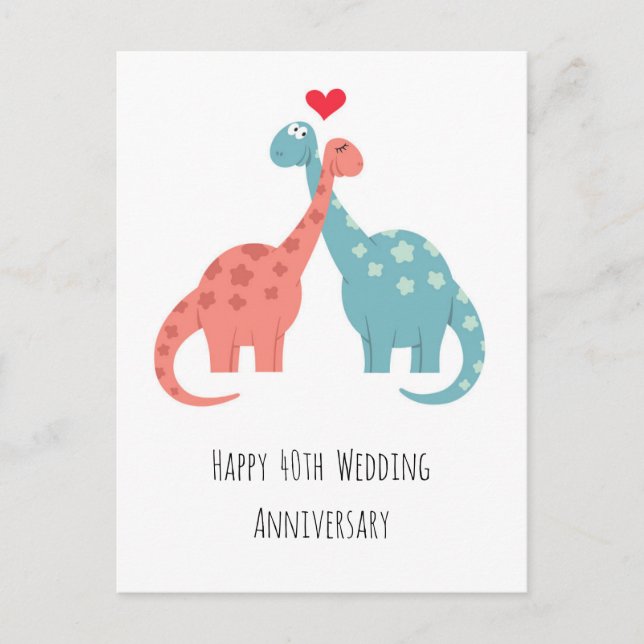 Carte Postale Joyeux 40e anniversaire Mariage mignon Dinosaures (Devant)