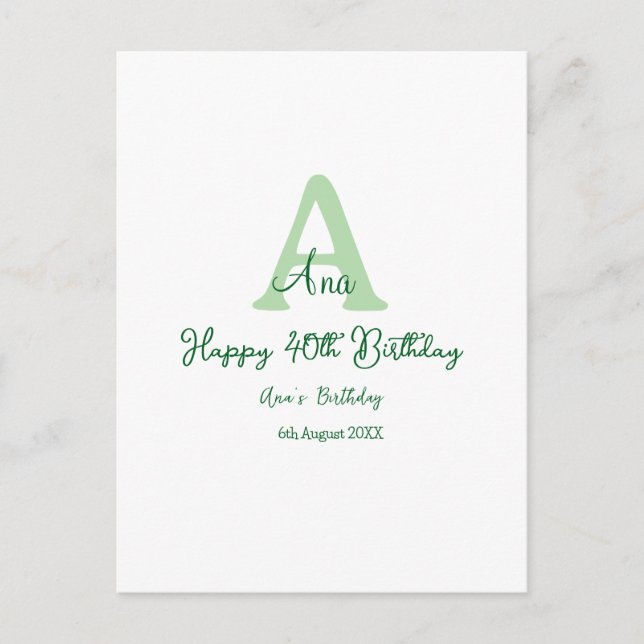 Carte Postale Joyeux 40e anniversaire vert ajouter un nom monogr (Devant)
