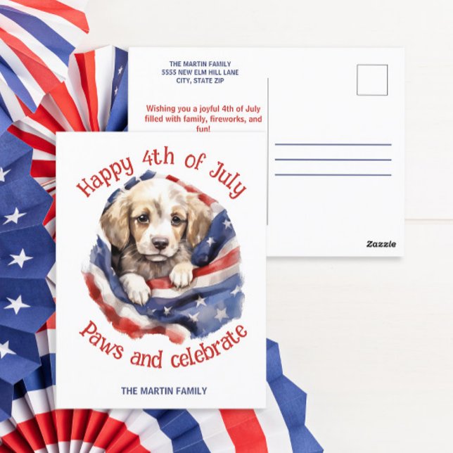 Carte Postale Joyeux 4 juillet chiot drapeau américain  (Happy 4th of July American flag and puppy greeting postcard )