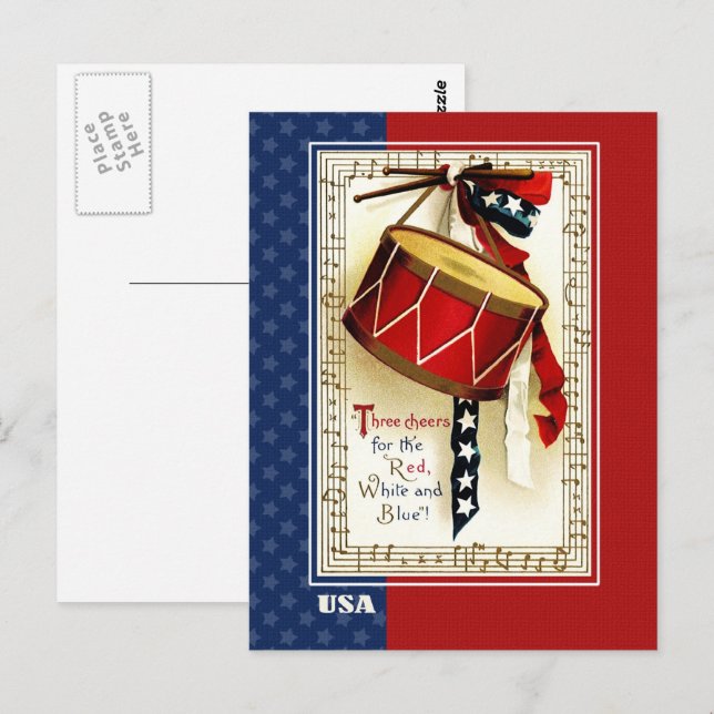 Carte Postale Joyeux 4 juillet. Conception patriotique vintage (Devant / Derrière)