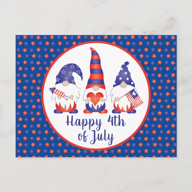 Carte Postale Joyeux 4 juillet Gnomes Rouge Blanc Bleu (Devant)