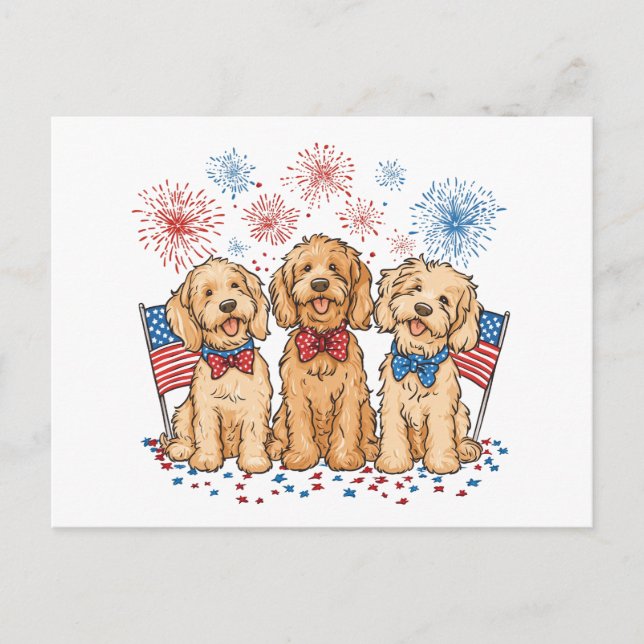 Carte Postale Joyeux 4 juillet Goldendoodle Dogs Fireworks (Devant)