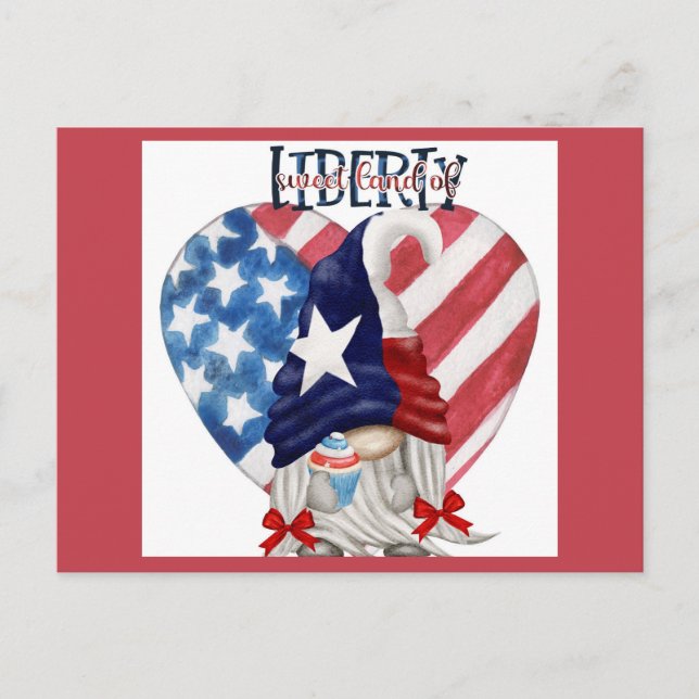Carte Postale Joyeux 4 juillet mignon Gnome Liberty Cupcake (Devant)